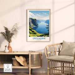 Gros Morne National Park print with cliffs and water, displayed in modern home decor setting.