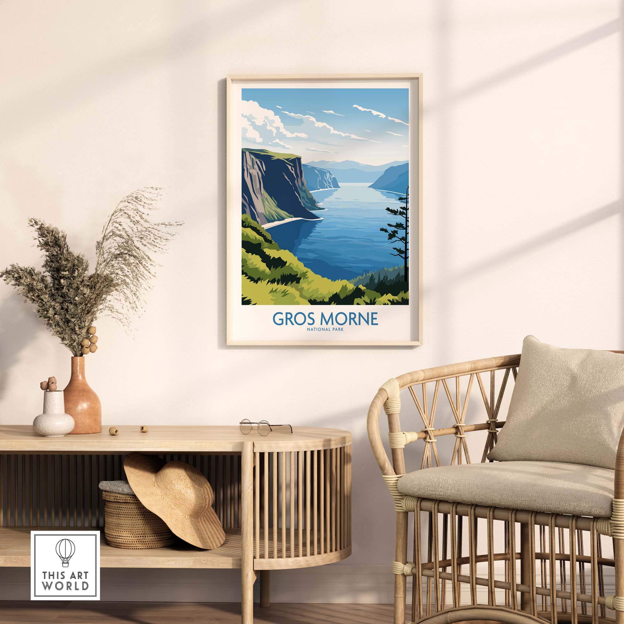 Gros Morne National Park print with cliffs and water, displayed in modern home decor setting.