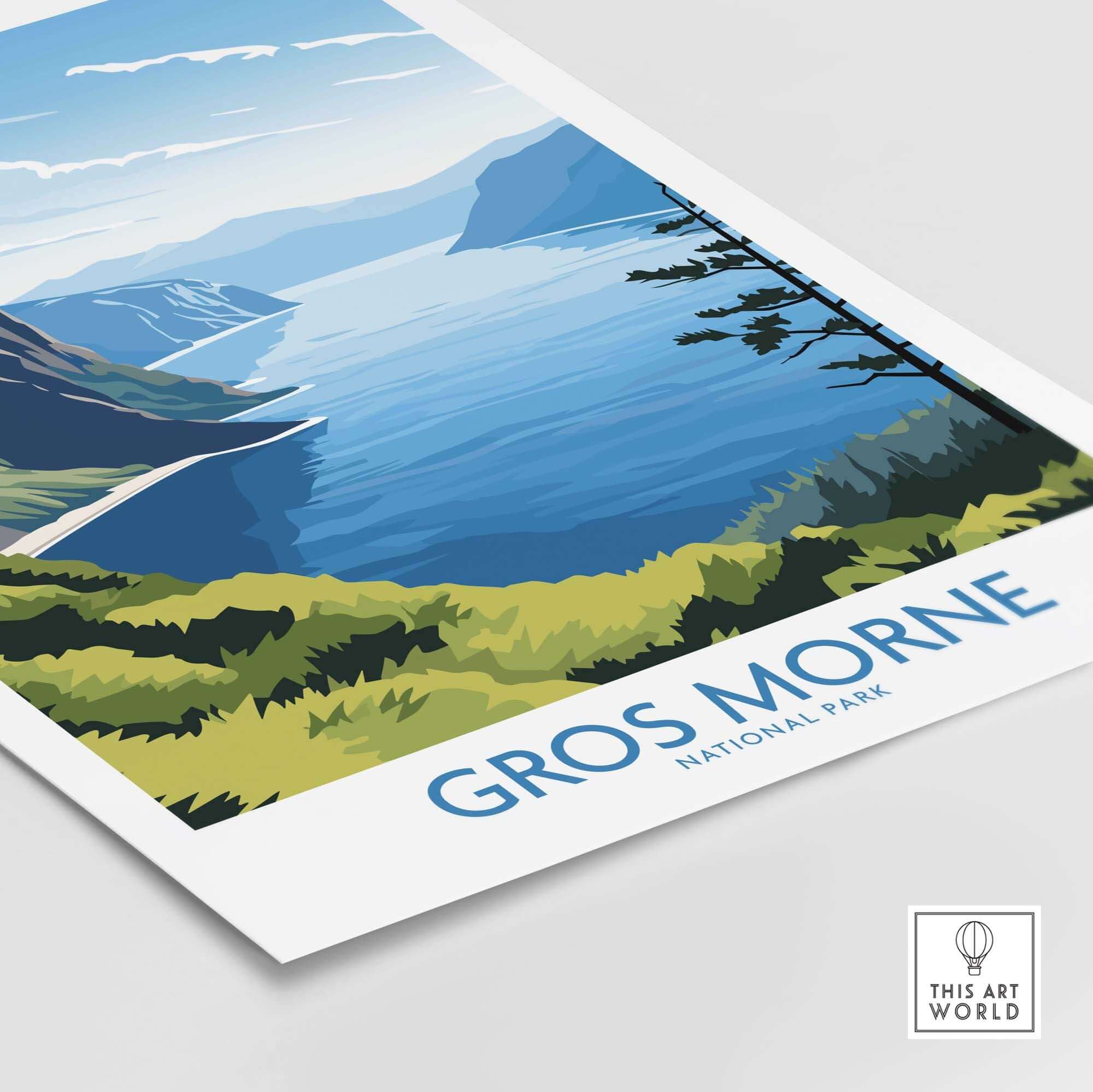 Gros Morne National Park art print featuring coastal cliffs, blue water, and green hills.