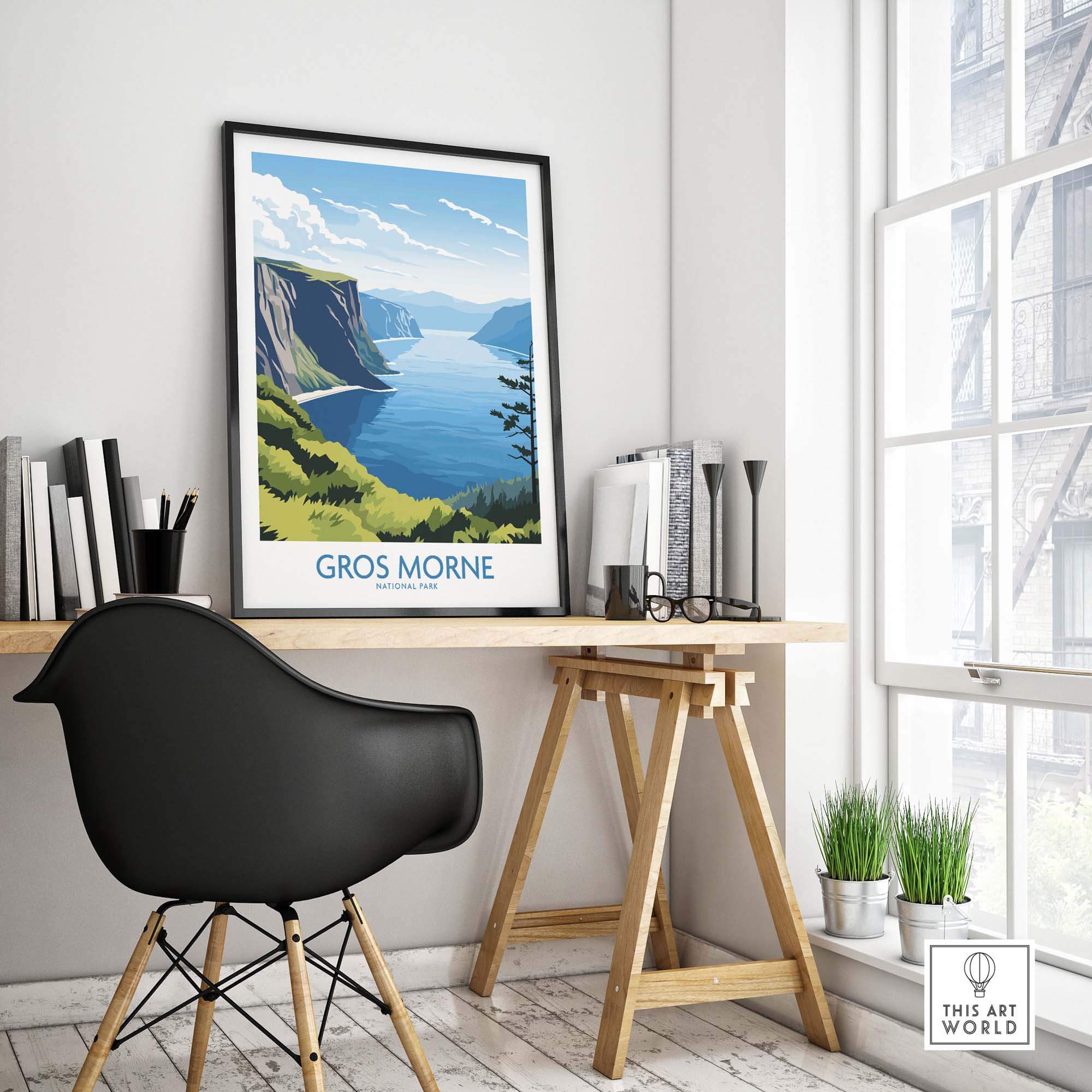 Gros Morne National Park print featuring cliff and lake landscape, displayed in modern home office.