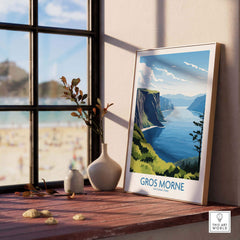 Gros Morne National Park art print on windowsill with beach view and decorative vases