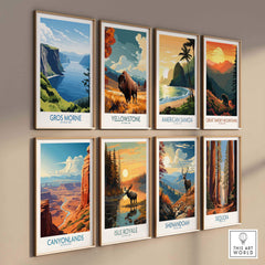 Colorful national park travel poster prints with scenic landscapes and wildlife art on wall