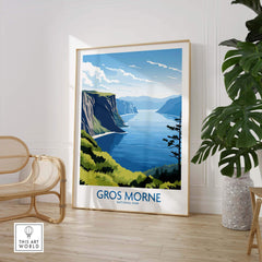 Gros Morne National Park art print with cliffs, sea, and sky in modern home decor setting