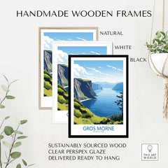 Gros Morne National Park print in natural, white, and black wooden frames, mountain lake view