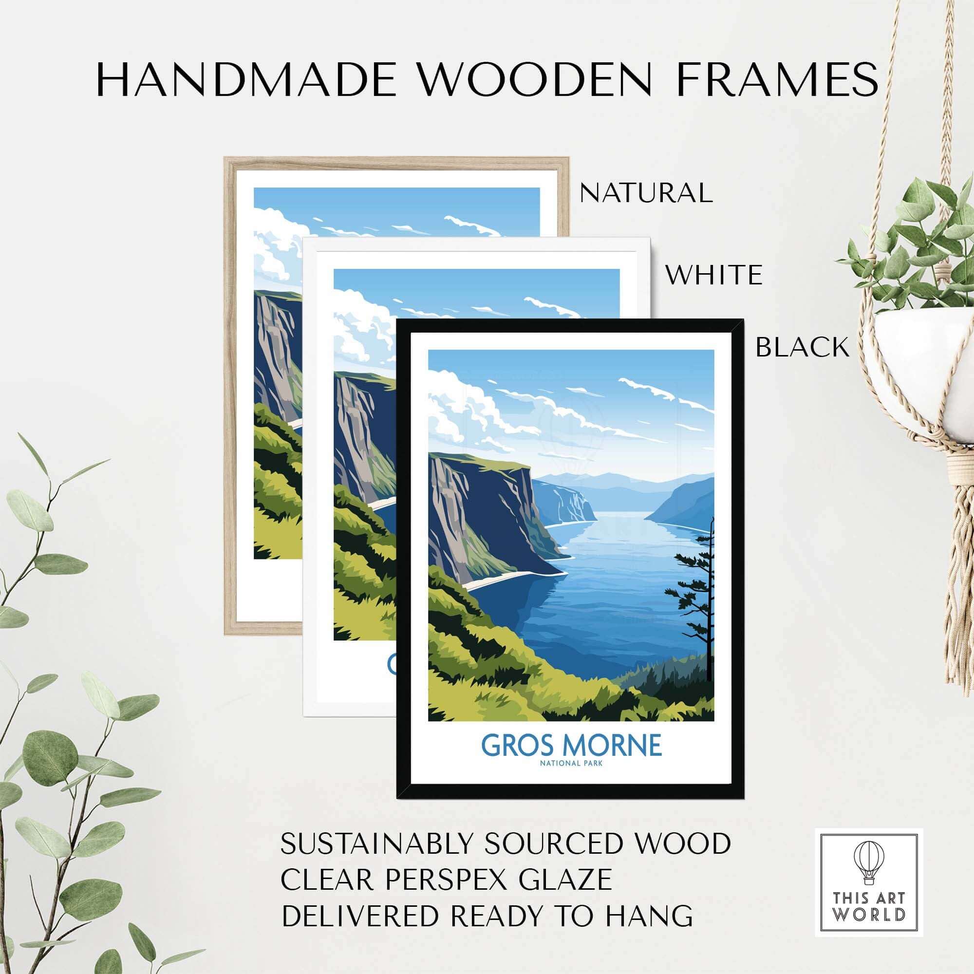 Gros Morne National Park print in natural, white, and black wooden frames, mountain lake view
