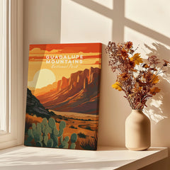 Guadalupe Mountains National Park travel poster print on windowsill with vase of dried flowers