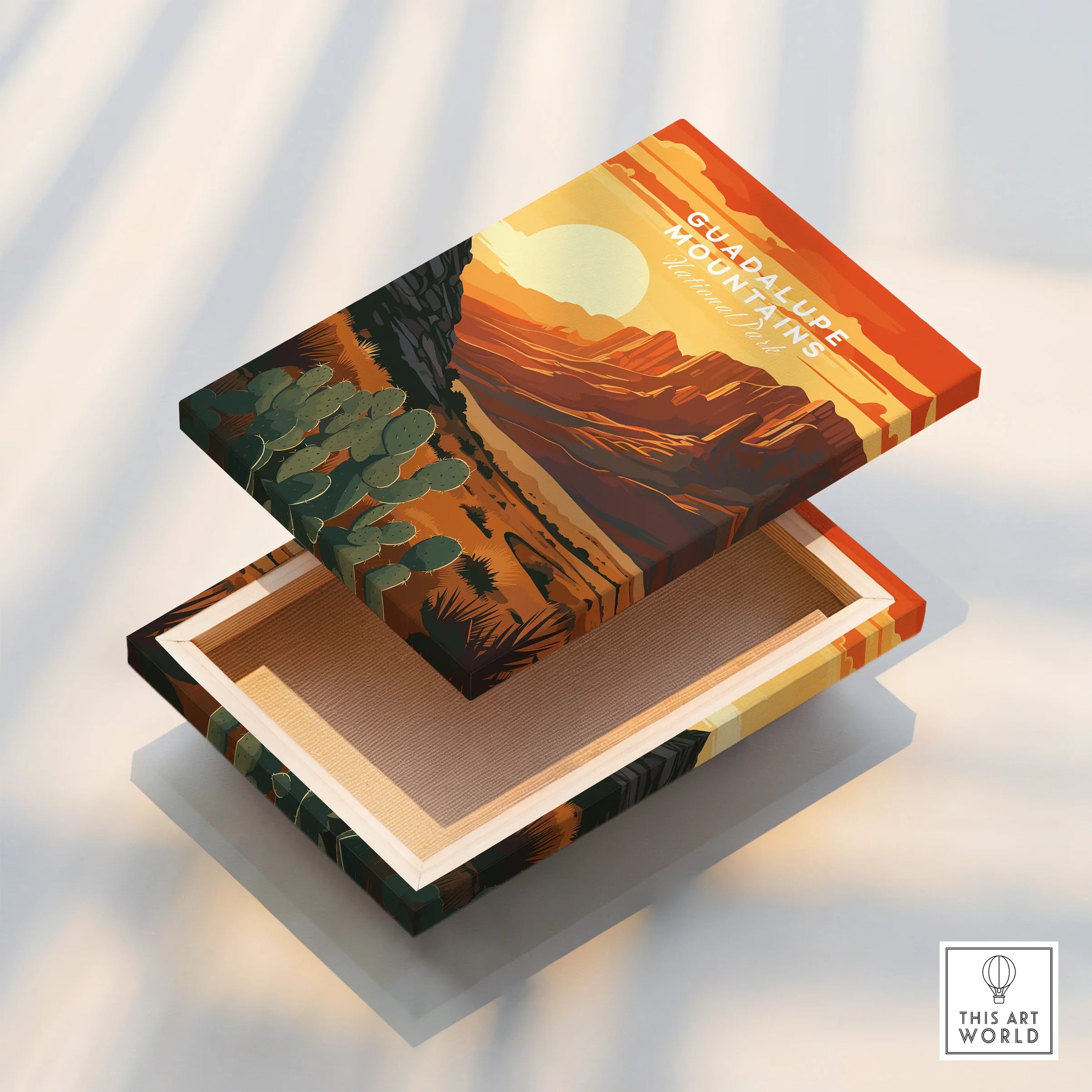 Guadalupe Mountains National Park print with desert landscape on a floating canvas box.