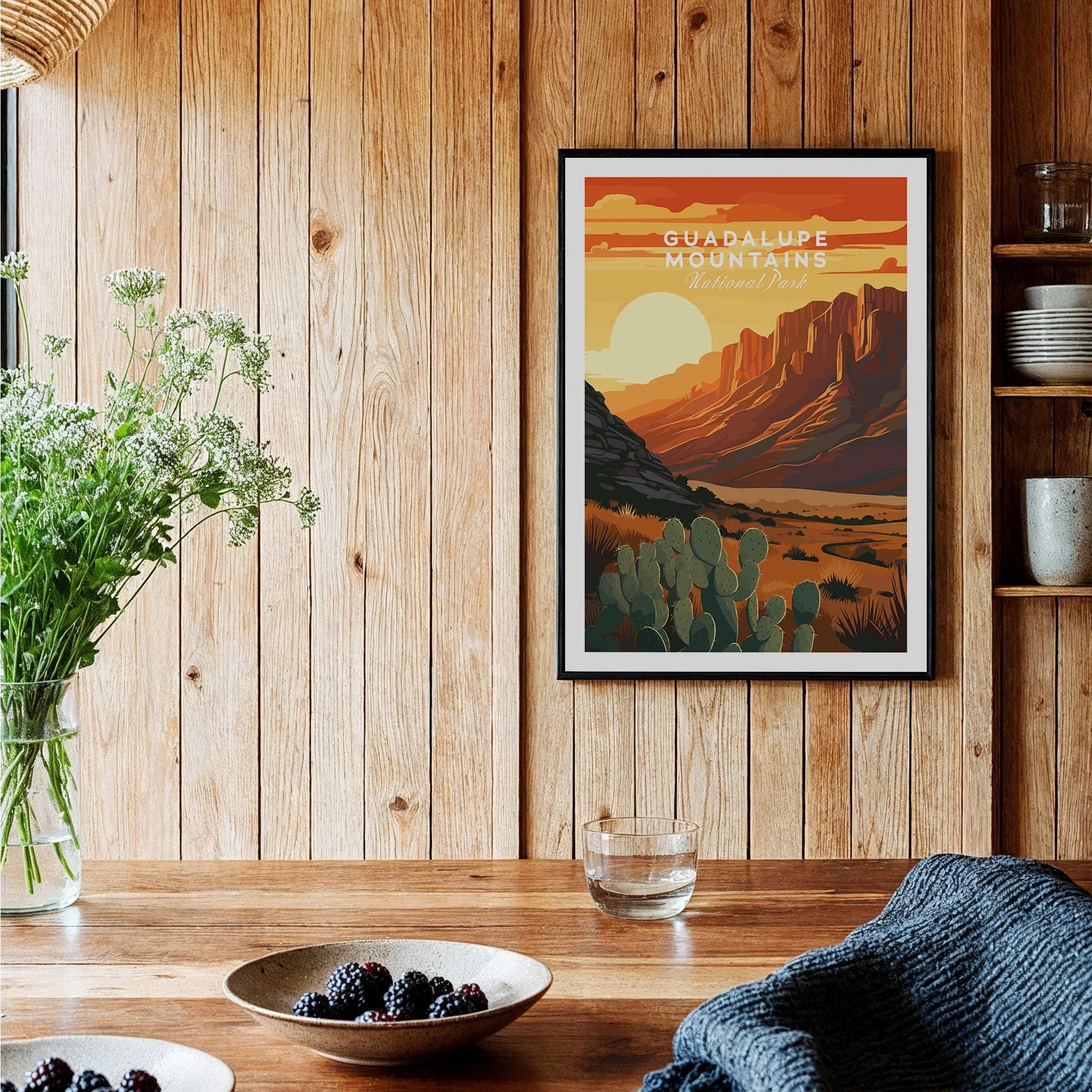 Guadalupe Mountains National Park art print in black frame hanging in rustic kitchen setting
