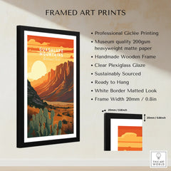 Framed Guadalupe Mountains National Park art print with sunset, desert landscape, and cacti