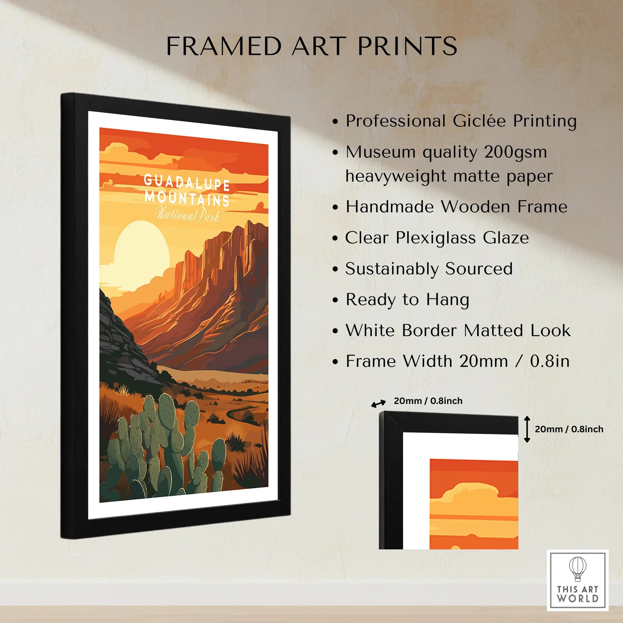 Framed Guadalupe Mountains National Park art print with sunset, desert landscape, and cacti