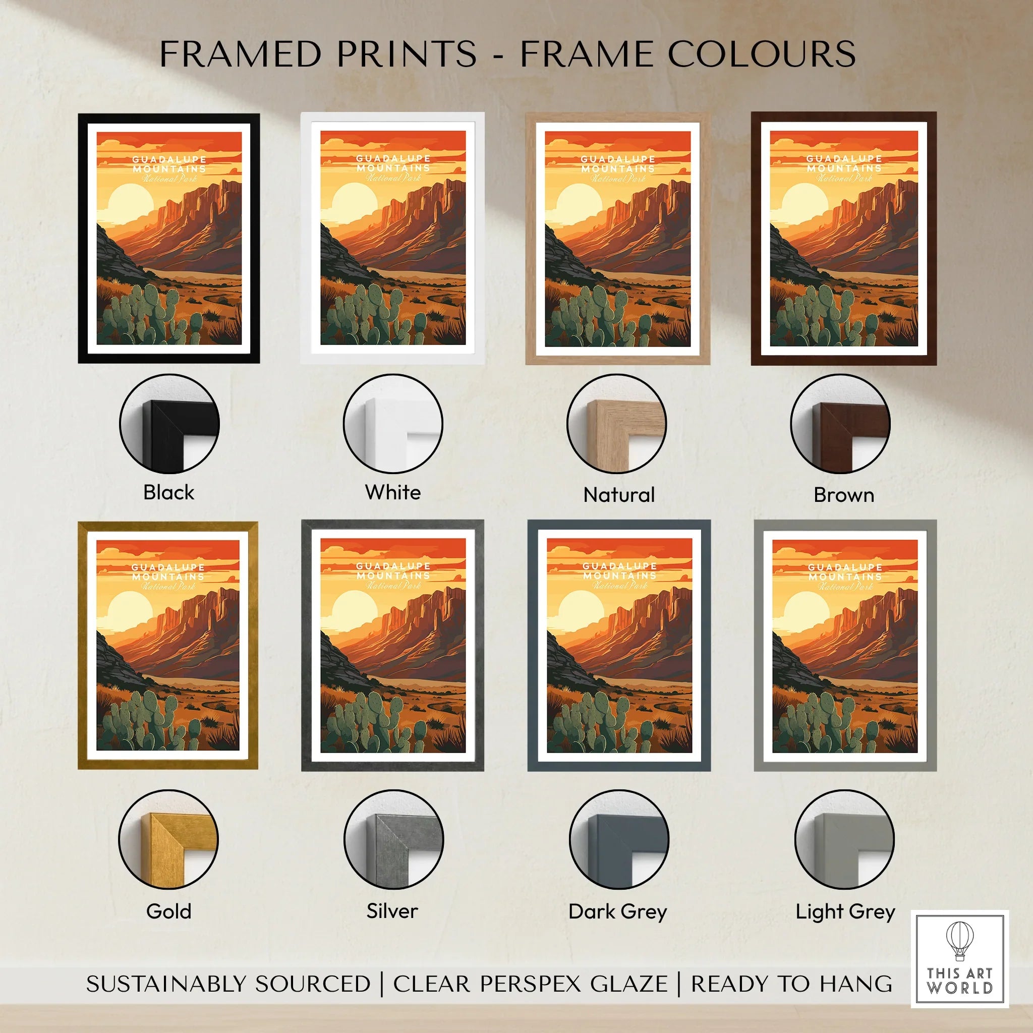 Guadalupe Mountains art print framed in eight color options, desert landscape design