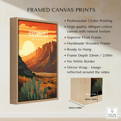 Framed Guadalupe Mountains National Park art print with desert landscape, float frame details