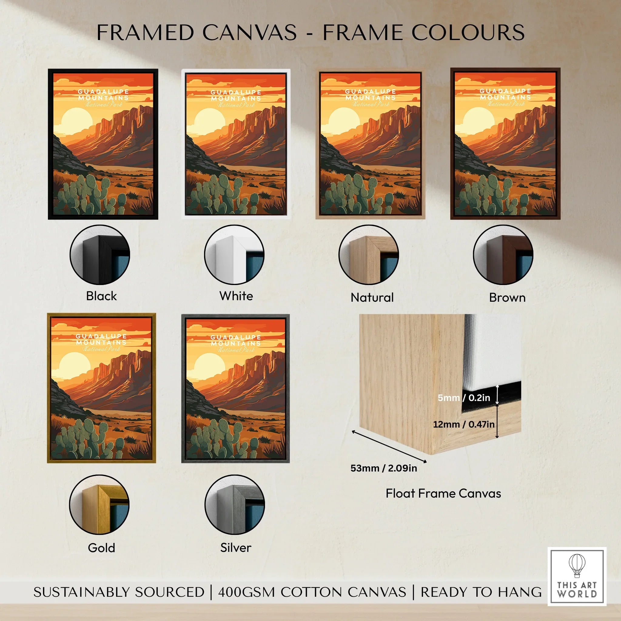 Guadalupe Mountains National Park wall art print in various frame colors, travel poster style
