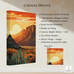 Guadalupe Mountains National Park canvas print, desert landscape art with cacti and sunset.