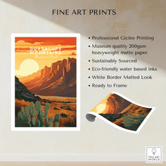 Guadalupe Mountains National Park print with sunset desert landscape and cactus, unframed fine art.