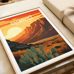 Guadalupe Mountains National Park art print with desert landscape, cacti, and sunset in frame