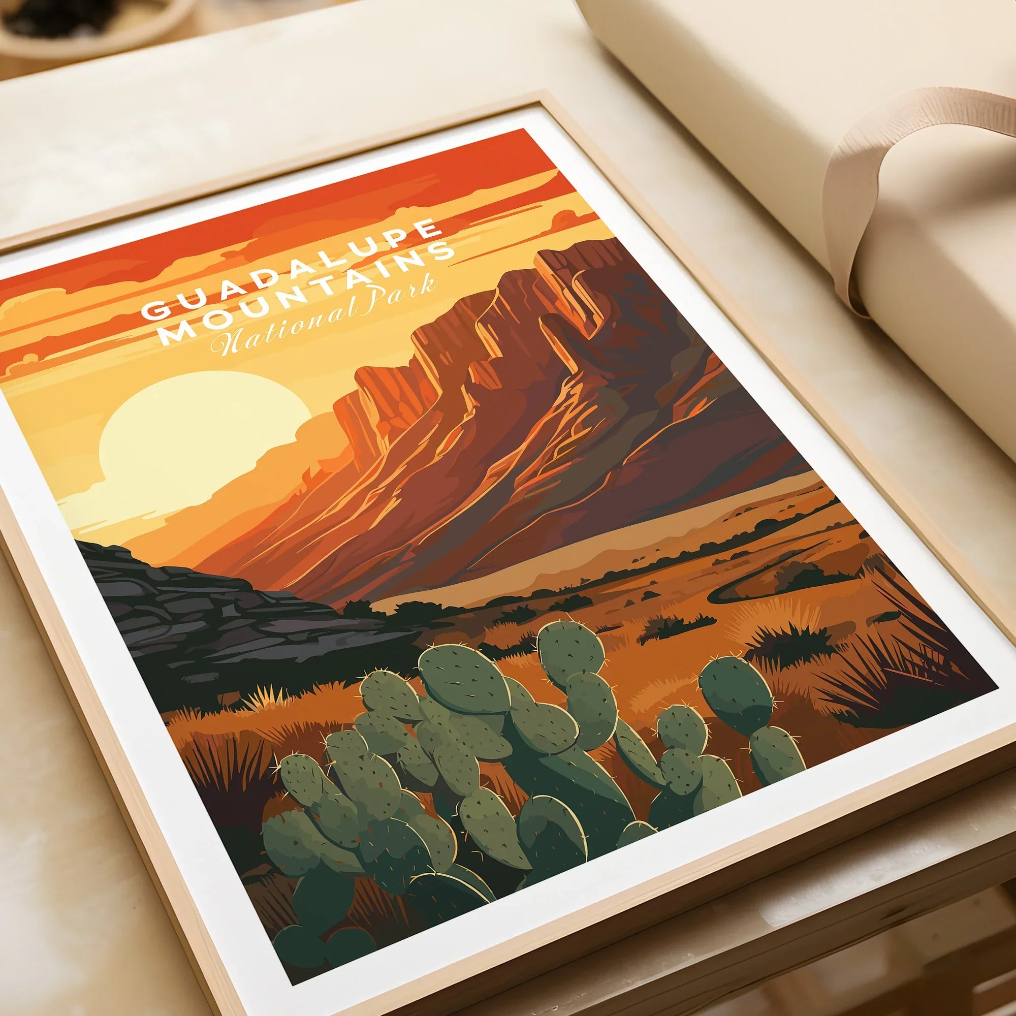 Guadalupe Mountains National Park art print with desert landscape, cacti, and sunset in frame
