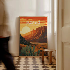 Framed Guadalupe Mountains National Park travel poster with desert landscape on tiled floor