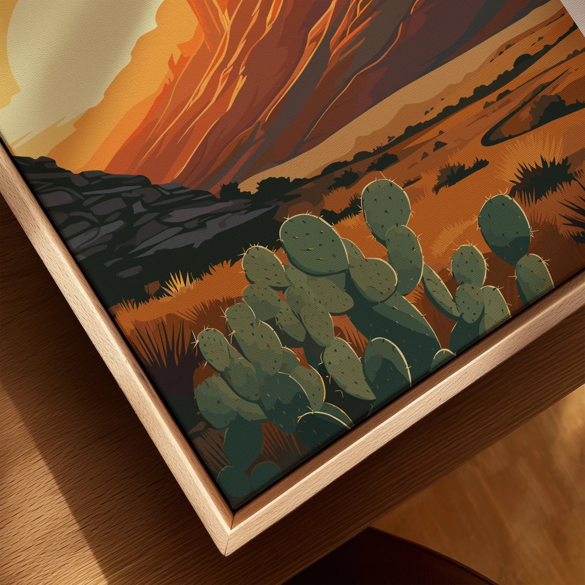 Guadalupe Mountains wall art closeup featuring cactus, desert landscape, and natural wood frame