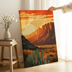 Guadalupe Mountains National Park travel poster print with desert landscape in modern room.