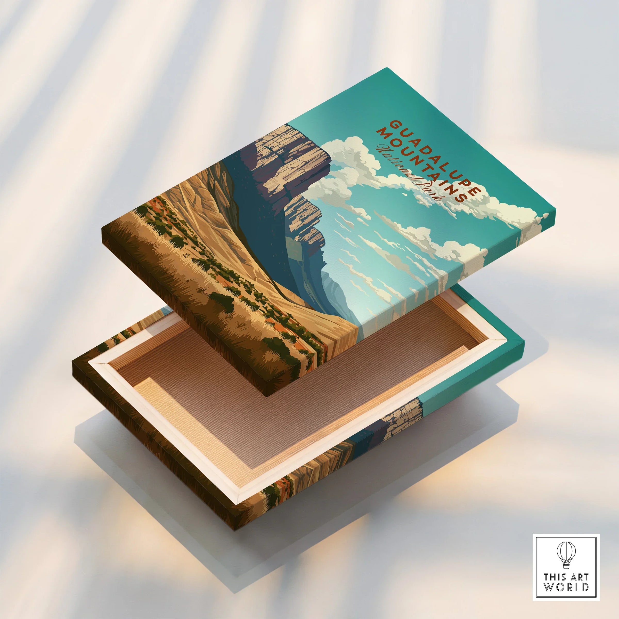 Guadalupe Mountains National Park art print with landscape scene on canvas box lid