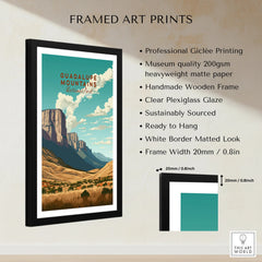 Framed Guadalupe Mountains National Park poster with wooden frame and white matted border