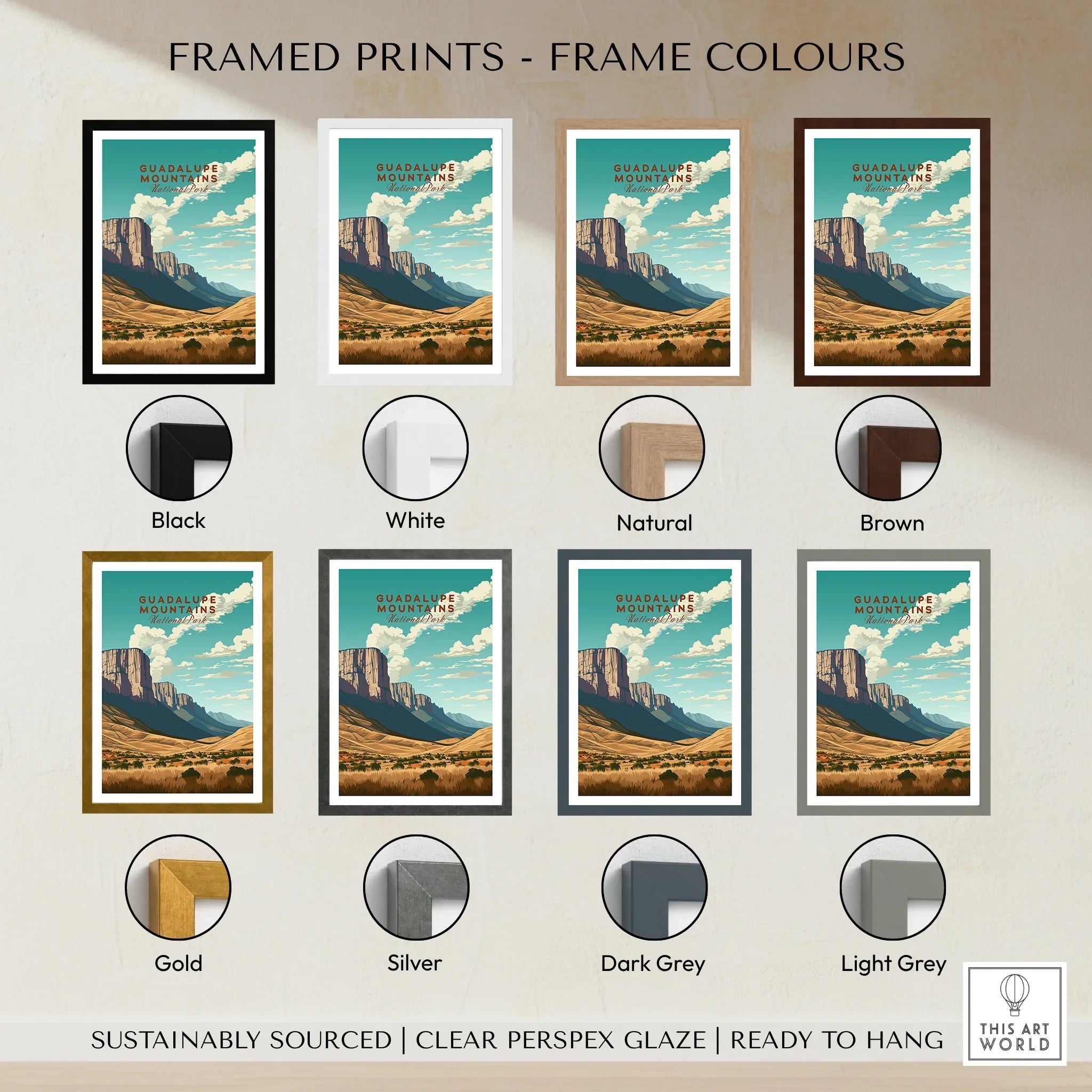 Guadalupe Mountains national park print in eight frame colours, landscape wall art options