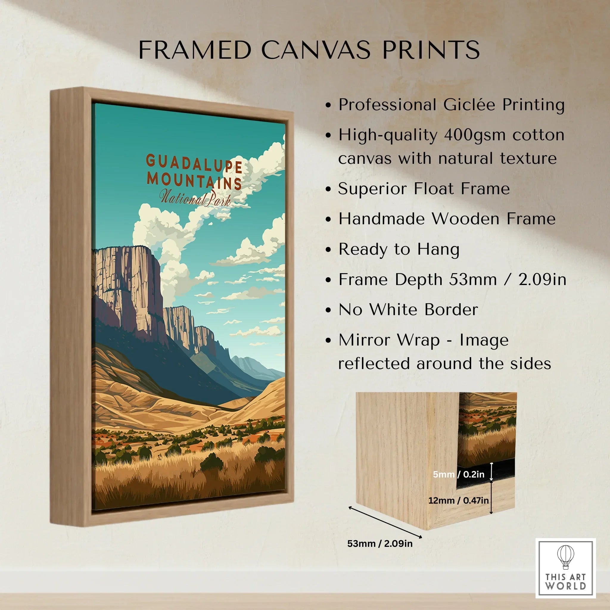 Framed Guadalupe Mountains National Park canvas print with wooden float frame and scenic landscape art.