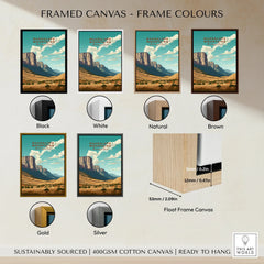 Guadalupe Mountains framed canvas wall art in six frame color options, float frame detail shown