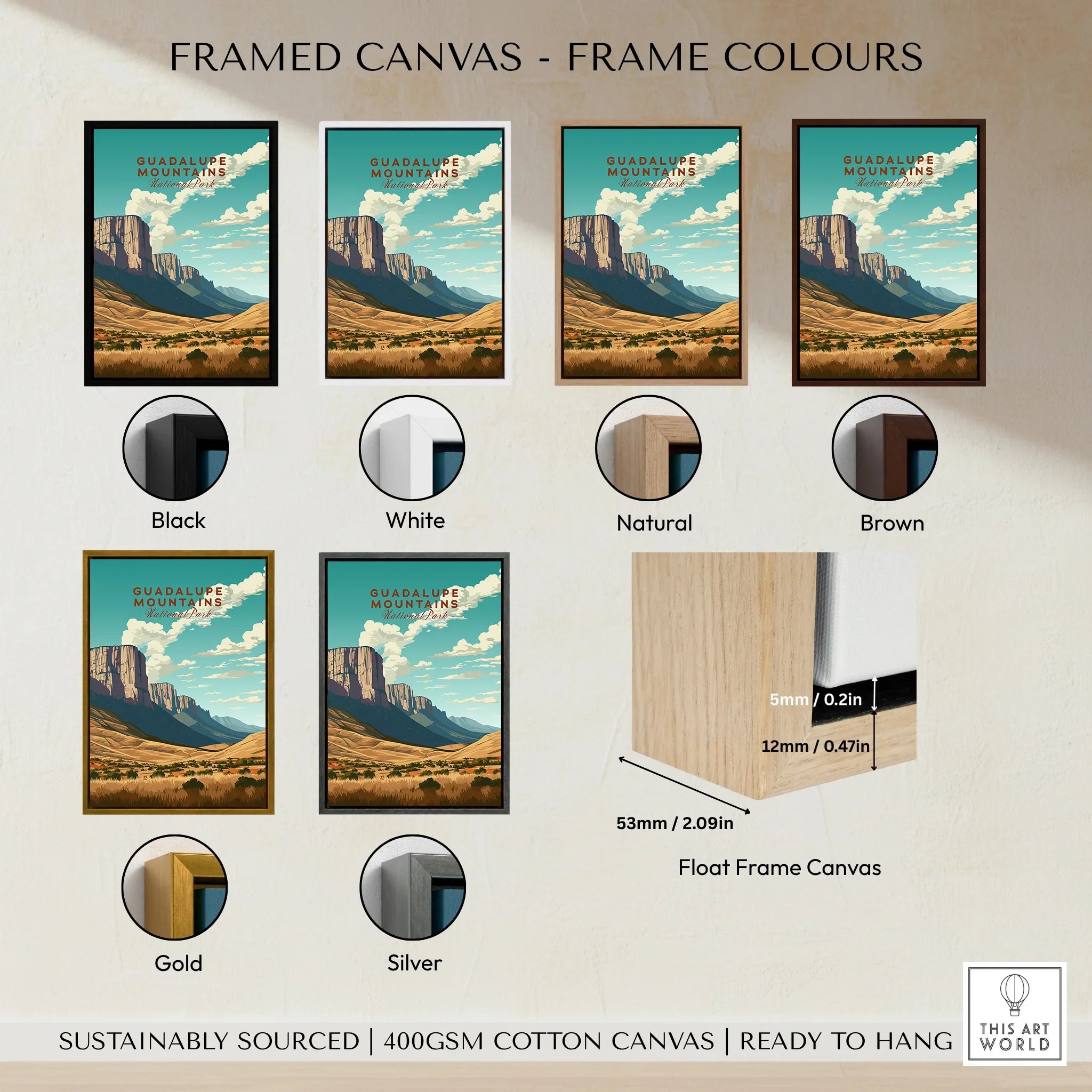 Guadalupe Mountains framed canvas wall art in six frame color options, float frame detail shown