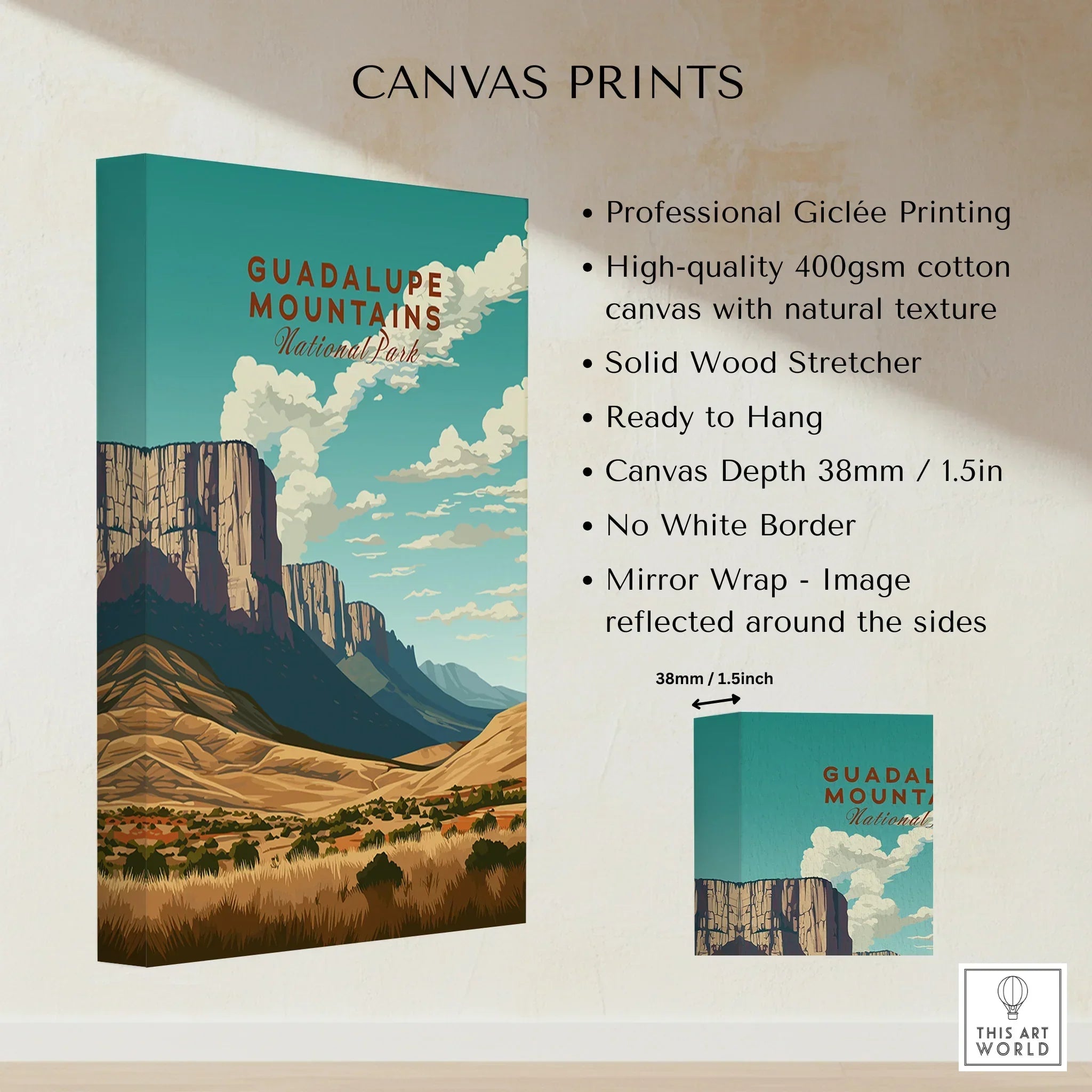 Guadalupe Mountains National Park canvas print with desert landscape and bold cliffs, wall art