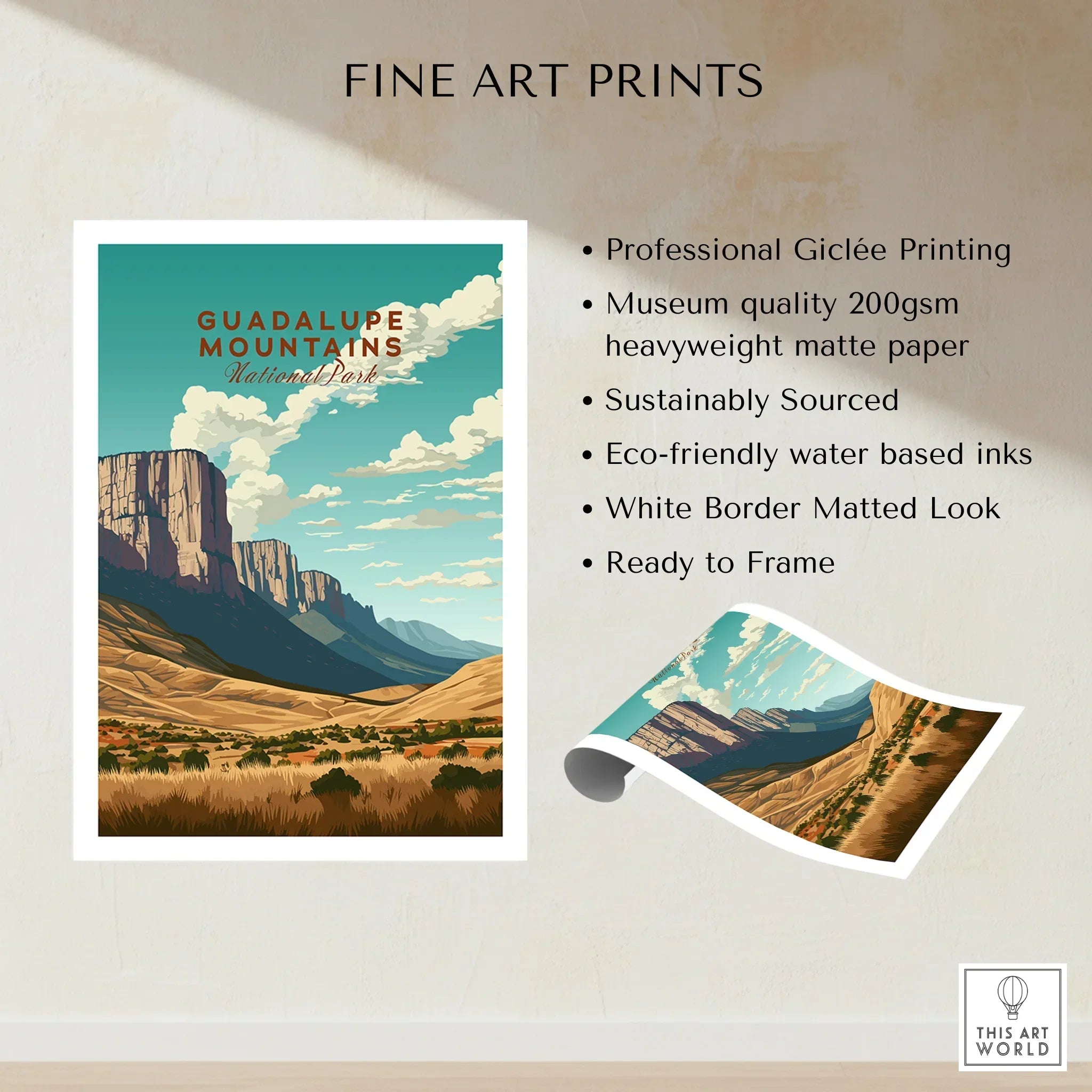 Guadalupe Mountains National Park fine art print with desert landscape and blue sky details.