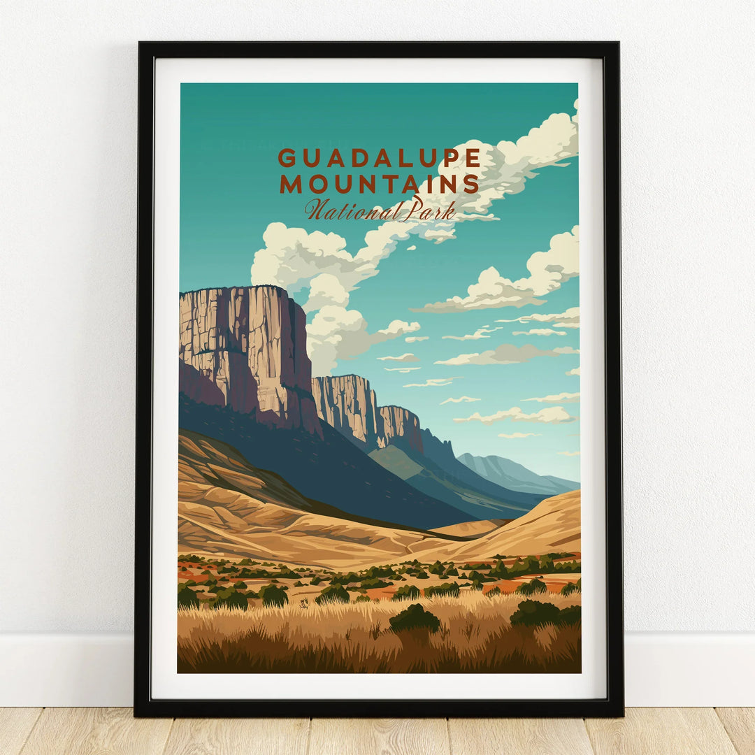 Guadalupe Mountains National Park art print in black frame on wooden floor, landscape decor