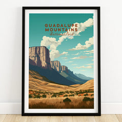 Guadalupe Mountains National Park art print in black frame on wooden floor, landscape decor