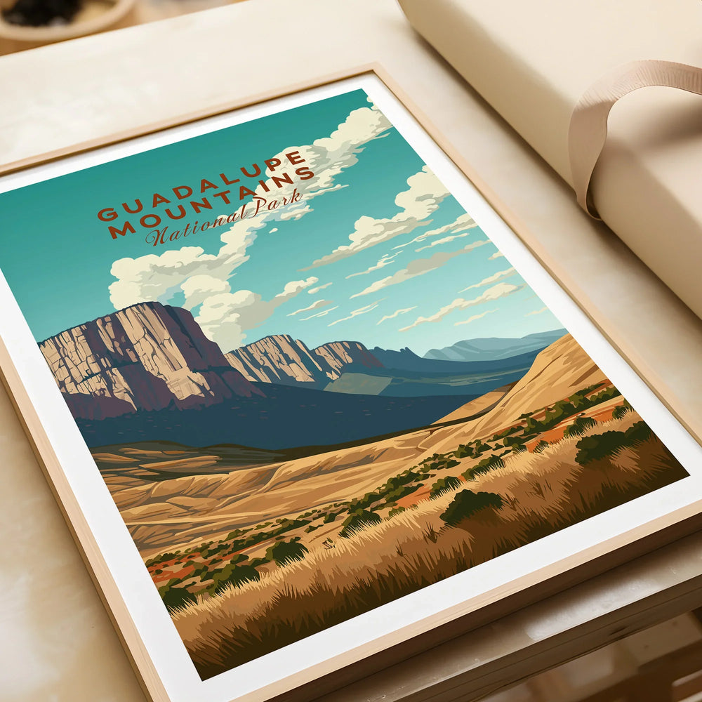 Guadalupe Mountains National Park art print with natural wood frame, desert landscape illustration