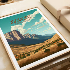 Guadalupe Mountains National Park art print with natural wood frame, desert landscape illustration