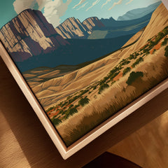 Guadalupe Mountains art print closeup in natural wood floating frame, landscape wall decor