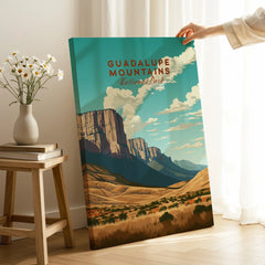 Guadalupe Mountains National Park art print held in sunlit modern room with wildflower vase.