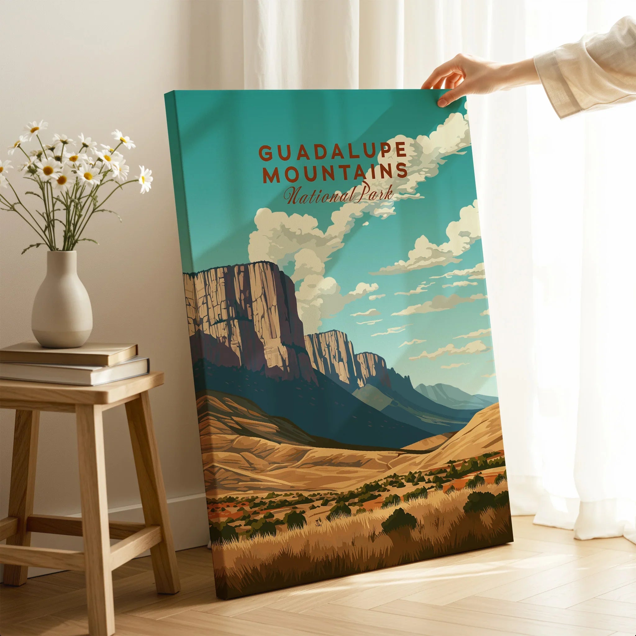 Guadalupe Mountains National Park art print held in sunlit modern room with wildflower vase.