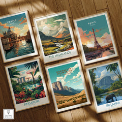 Set of six framed travel art prints featuring Venice, the Highlands, Paris, Singapore, Guadalupe Mountains, and Sri Lanka, displayed on a wooden floor.