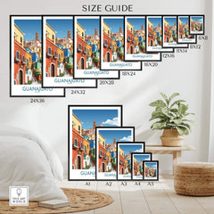 Size guide for Guanajuato Mexico Art Print showcasing various frame sizes and vibrant design options.