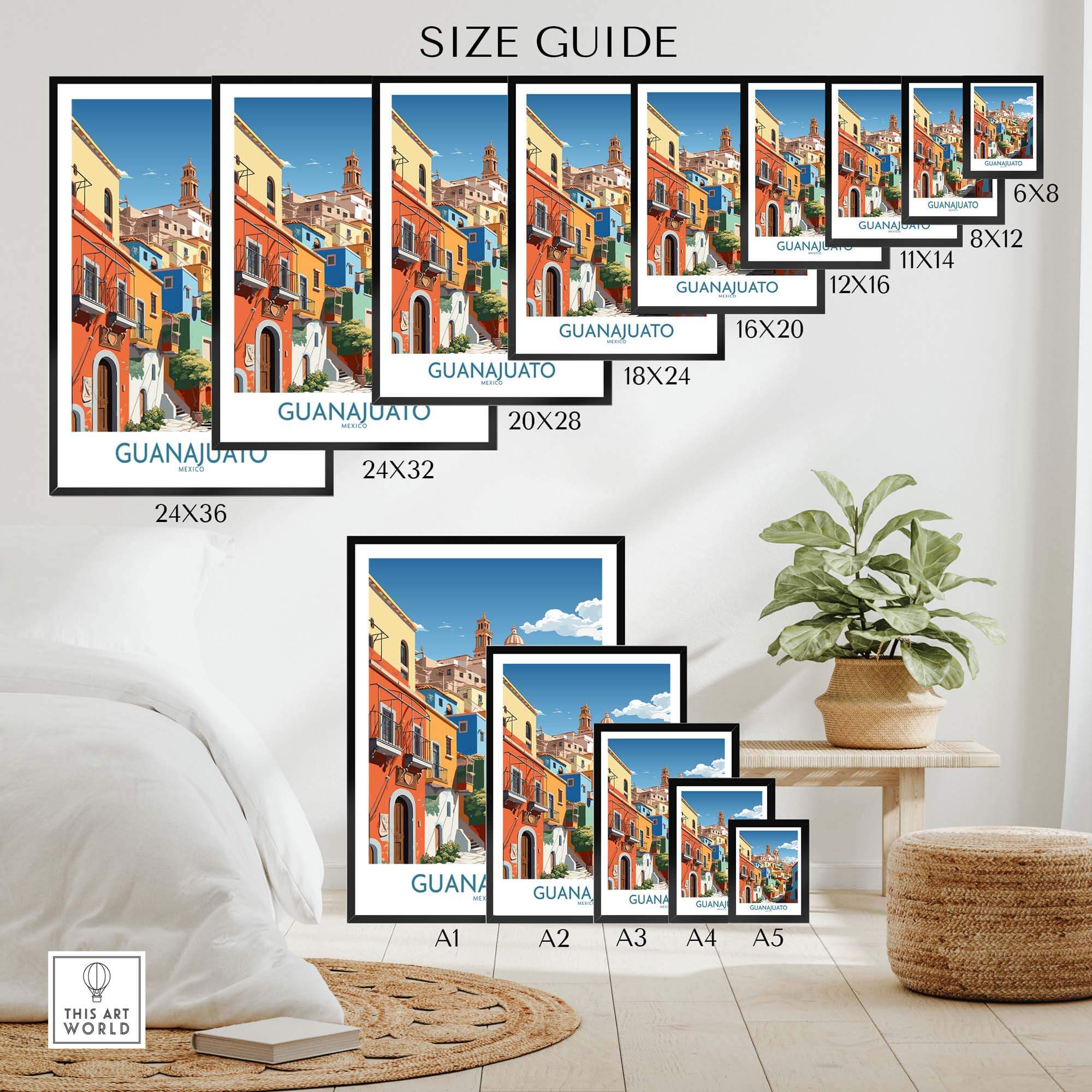 Size guide for Guanajuato Mexico Art Print showcasing various frame sizes and vibrant design options.