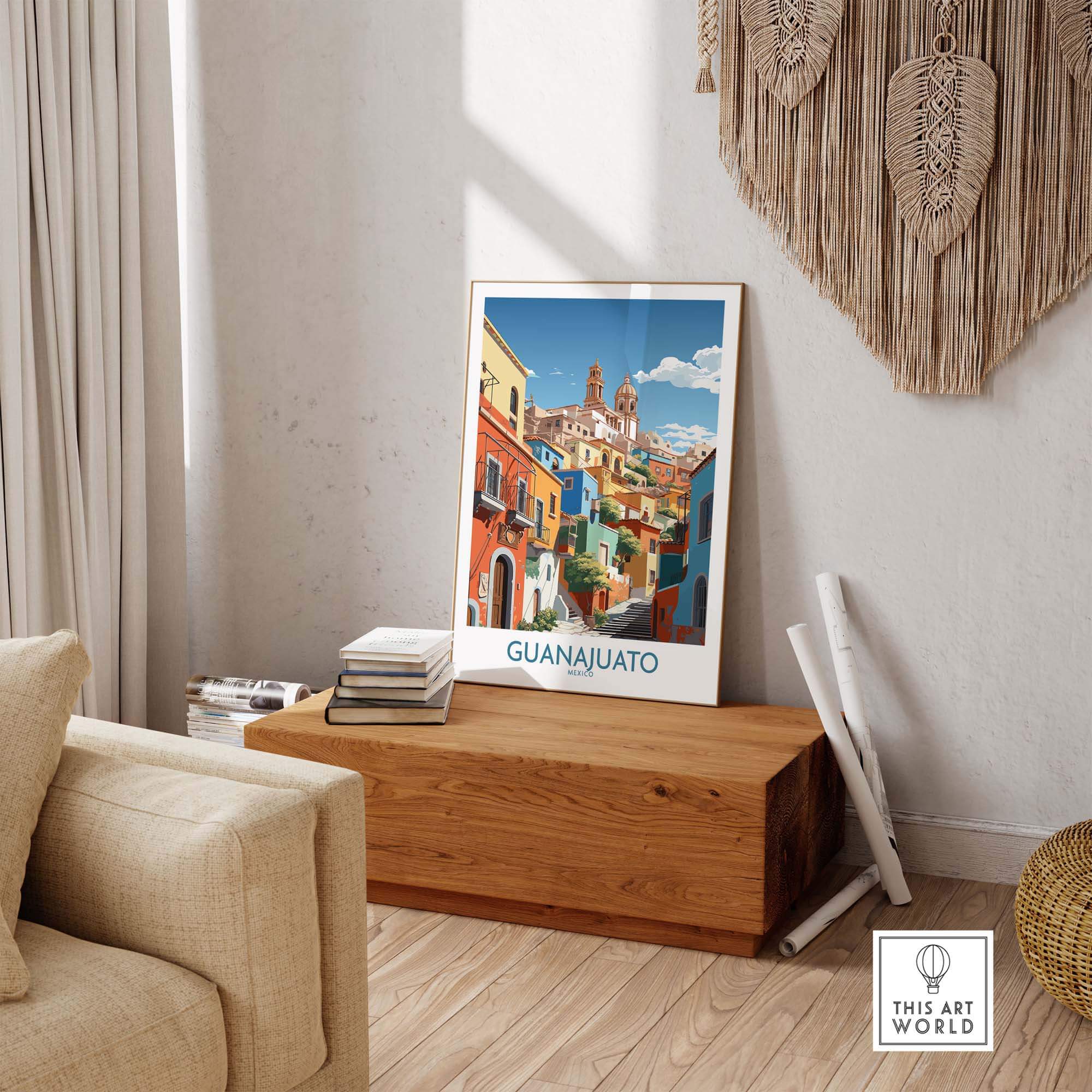 Guanajuato Mexico Art Print displayed in a cozy living room setting, showcasing vibrant colors and cultural beauty.