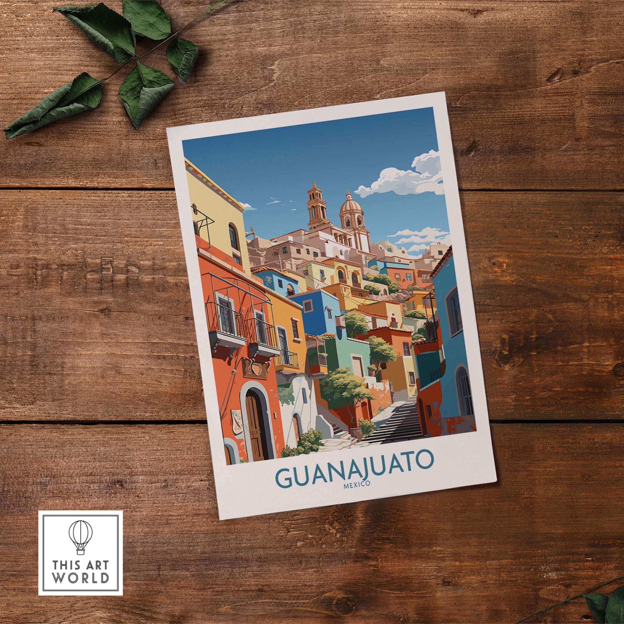 Guanajuato Mexico Art Print featuring vibrant colors and a detailed depiction of Guanajuato's streets.