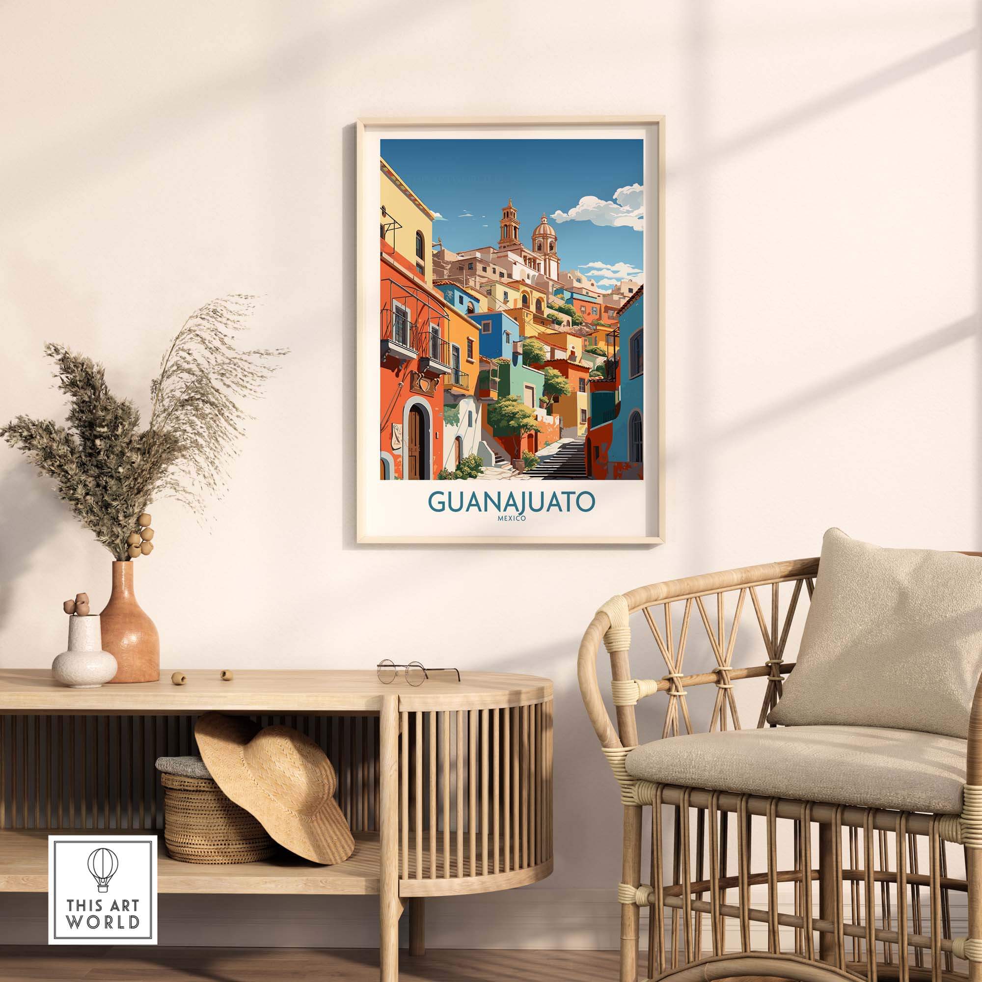 Guanajuato Mexico Art Print showcasing vibrant colors and rich history of Guanajuato in a stylish home setting.