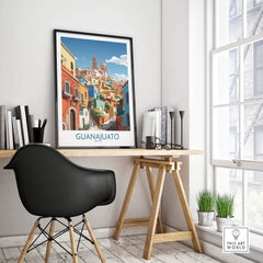 Guanajuato Mexico Art Print displayed in a stylish home office setting with vibrant colors and culture.