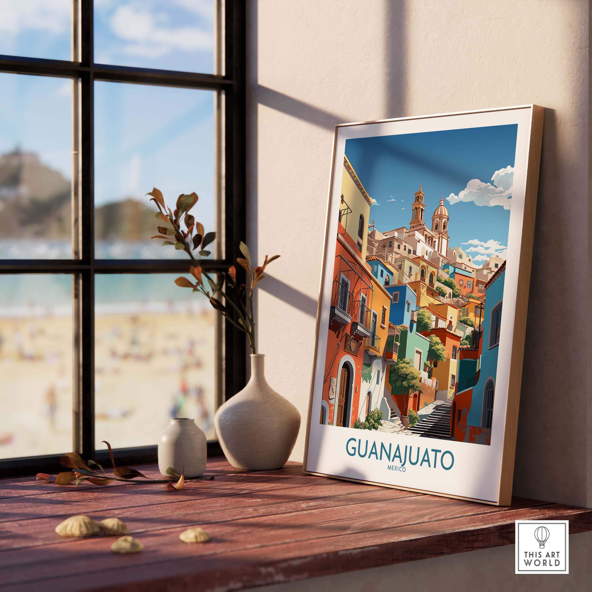 Guanajuato Mexico Art Print showcasing vibrant colors of Guanajuato's historic architecture by a sunny window.