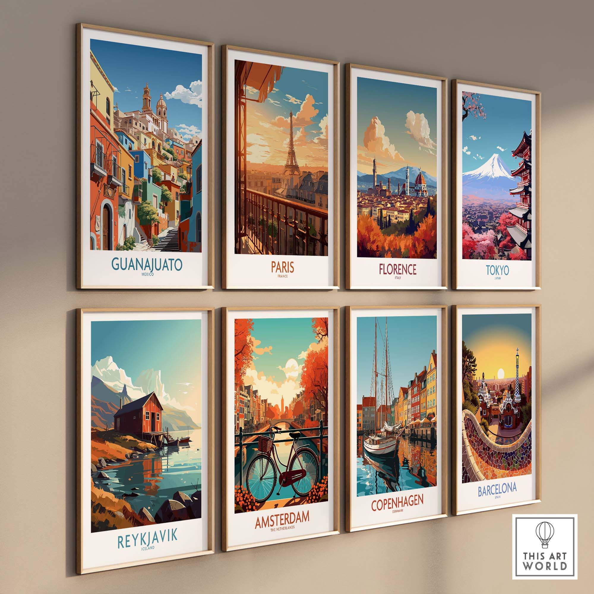 Guanajuato Mexico Art Print and travel posters of famous cities on a gallery wall.