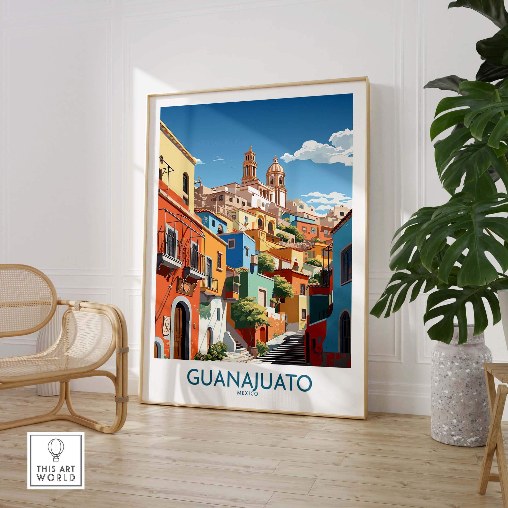 Guanajuato Mexico Art Print showcasing vibrant colors and architecture in a stylish interior setting.