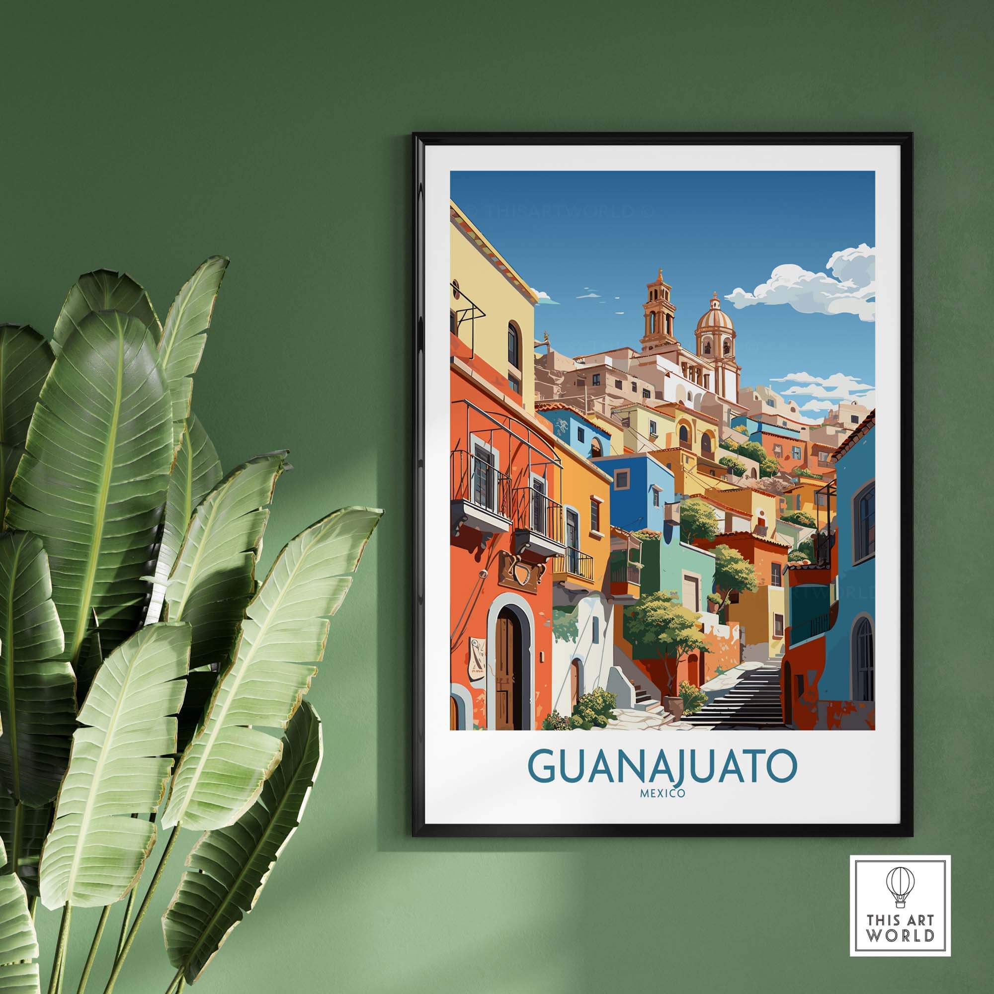 Guanajuato Mexico Art Print showcasing vibrant colors of the city with detailed architecture and landscape.